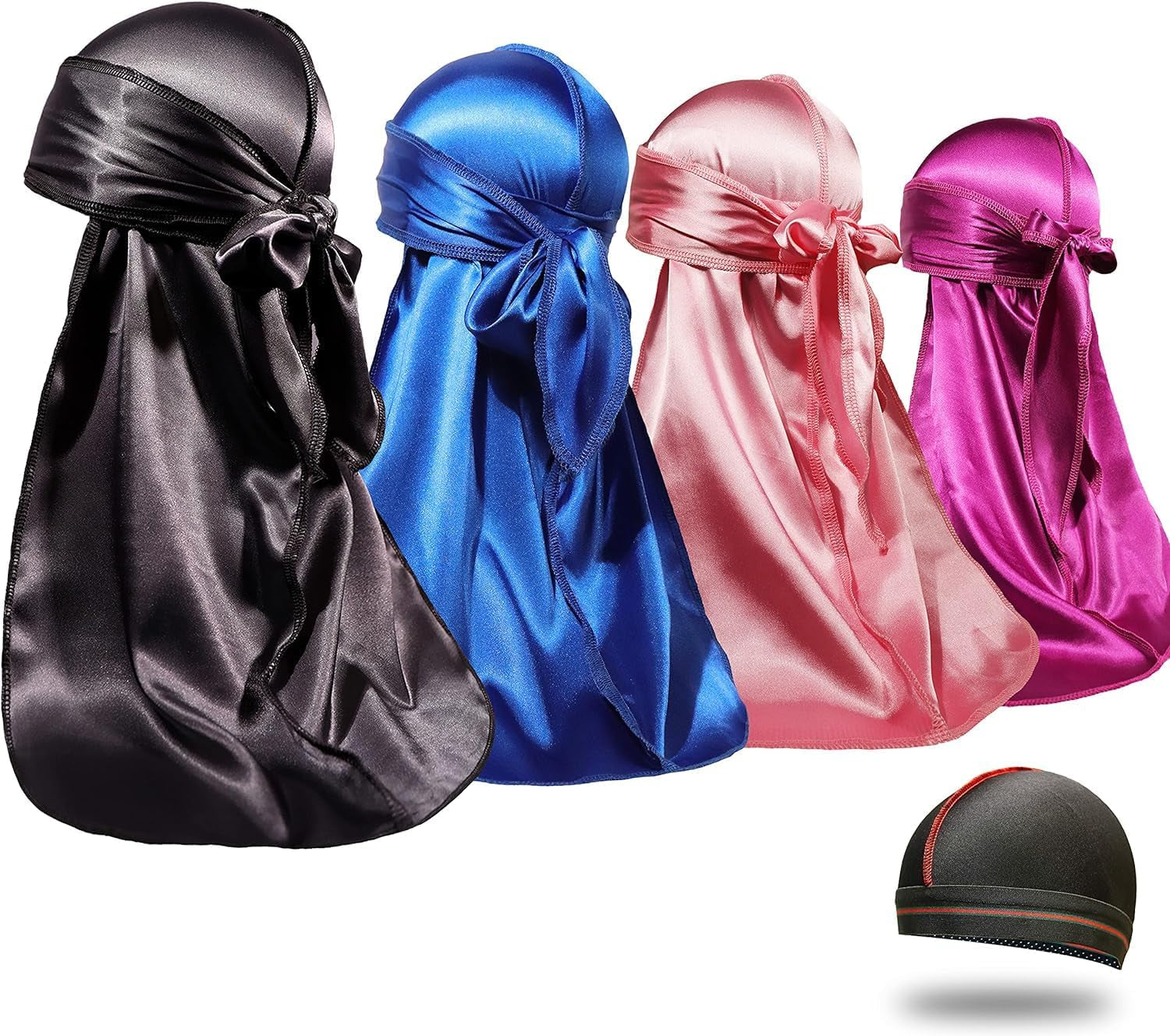 4PCS Silky Durags for Men Women 360 Waves with 1 Wave Cap, Silky Satin Durag Extra Long Tails - PHamily Hair Care