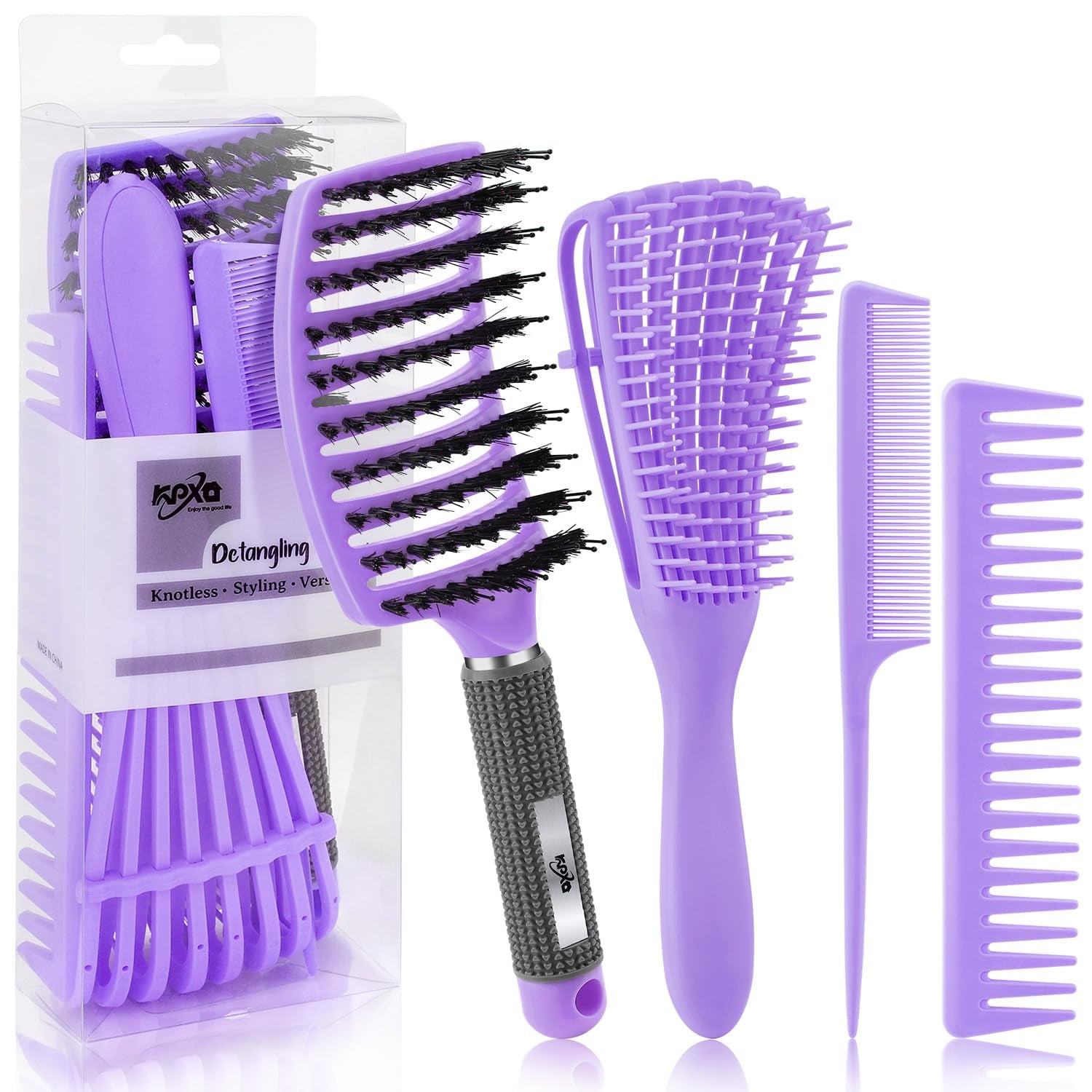 4Pcs Curly Hair Brush Set for Adult & Kids Wet or Dry, Detangling Brush for 3/4ABC Hair with Detangler Spray Bottle & Wide Tooth Comb (3+1, Black) - PHamily Hair Care