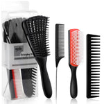 4Pcs Curly Hair Brush Set for Adult & Kids Wet or Dry, Detangling Brush for 3/4ABC Hair with Detangler Spray Bottle & Wide Tooth Comb (3+1, Black) - PHamily Hair Care