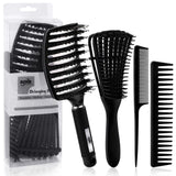4Pcs Curly Hair Brush Set for Adult & Kids Wet or Dry, Detangling Brush for 3/4ABC Hair with Detangler Spray Bottle & Wide Tooth Comb (3+1, Black) - PHamily Hair Care