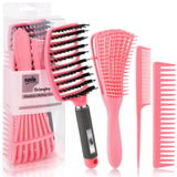4Pcs Curly Hair Brush Set for Adult & Kids Wet or Dry, Detangling Brush for 3/4ABC Hair with Detangler Spray Bottle & Wide Tooth Comb (3+1, Black) - PHamily Hair Care