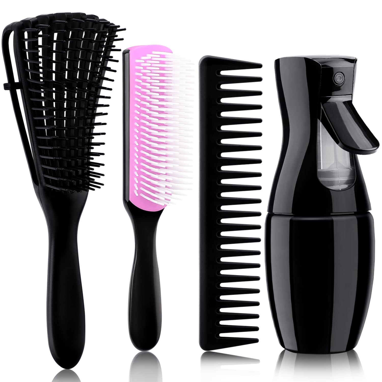 4Pcs Curly Hair Brush Set for Adult & Kids Wet or Dry, Detangling Brush for 3/4ABC Hair with Detangler Spray Bottle & Wide Tooth Comb (3+1, Black) - PHamily Hair Care