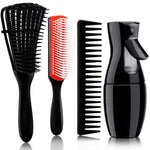4Pcs Curly Hair Brush Set for Adult & Kids Wet or Dry, Detangling Brush for 3/4ABC Hair with Detangler Spray Bottle & Wide Tooth Comb (3+1, Black) - PHamily Hair Care