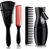 4Pcs Curly Hair Brush Set for Adult & Kids Wet or Dry, Detangling Brush for 3/4ABC Hair with Detangler Spray Bottle & Wide Tooth Comb (3+1, Black) - PHamily Hair Care