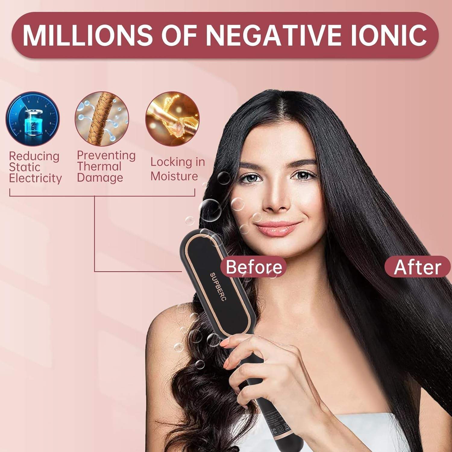 Negative Ionic Hair Straightener Brush with 9 Temp Settings, 30S Fast Negative Ionic Effect: Millions of negative Ionic built in hair straightener brush, when you brush your hair, it can help the hair lock in moisture and provide a pro9 Temp Settings, 30S Fast Heating Hair Straightening Comb