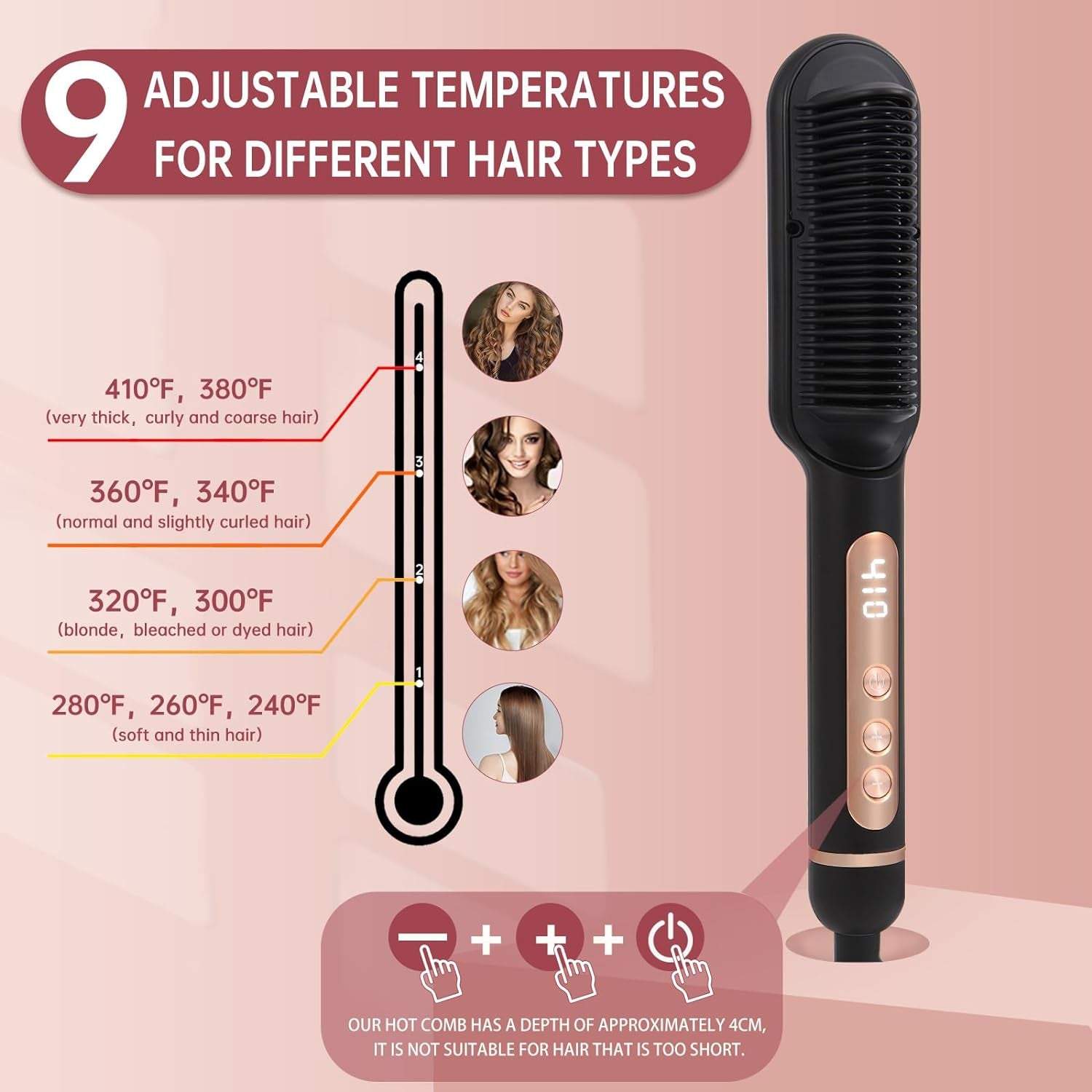 Negative Ionic Hair Straightener Brush with 9 Temp Settings, 30S Fast Negative Ionic Effect: Millions of negative Ionic built in hair straightener brush, when you brush your hair, it can help the hair lock in moisture and provide a pro9 Temp Settings, 30S Fast Heating Hair Straightening Comb