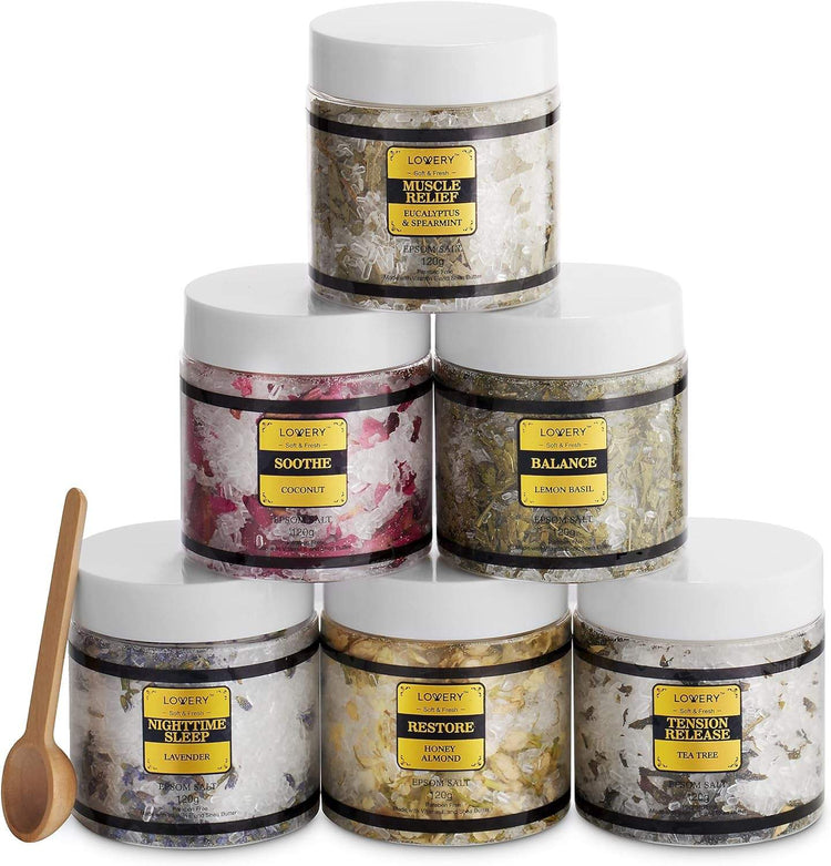 Epsom Bath Salts Gift Set, Relaxing Spa Salt with Essential Oils, Bubble Bath Soaks - Lavender, Eucalyptus Spearmint, Lemon Basil, Coconut, Tea Tree, Honey Almond Epsom Salt, Self Care Gifts for Women