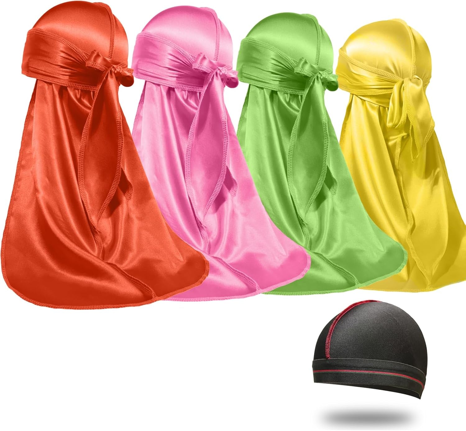 4PCS Silky Durags for Men Women 360 Waves with 1 Wave Cap, Silky Satin Durag Extra Long Tails - PHamily Hair Care 
