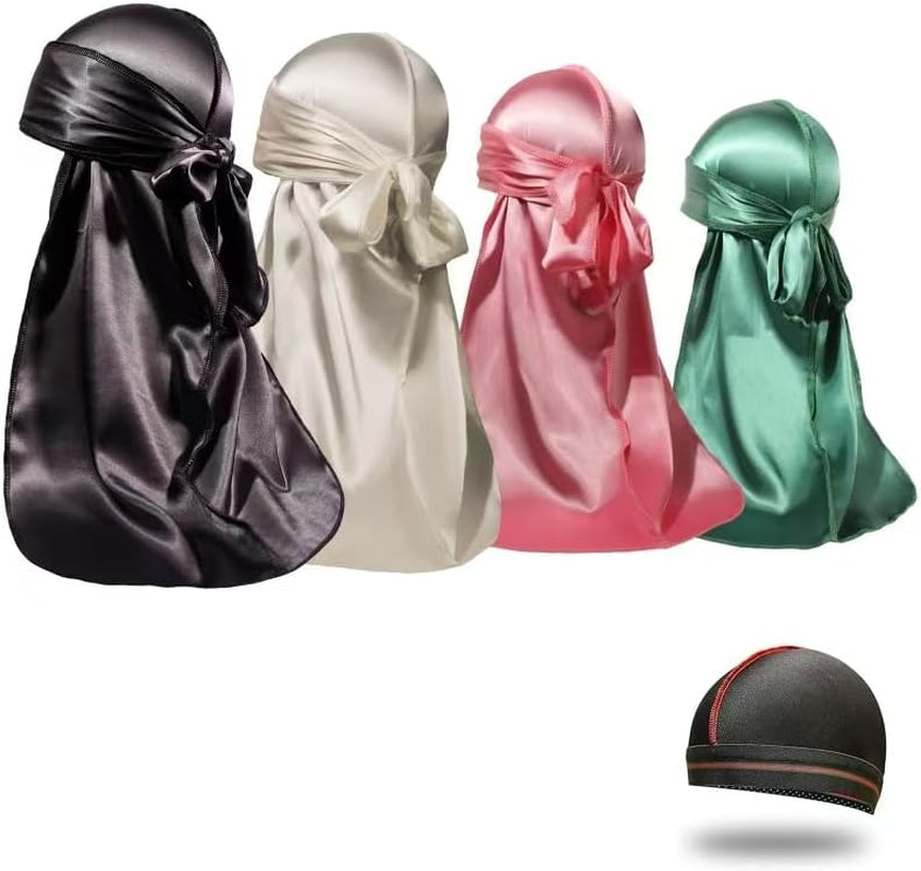 4PCS Silky Durags for Men Women 360 Waves with 1 Wave Cap, Silky Satin Durag Extra Long Tails - PHamily Hair Care 