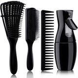 4Pcs Curly Hair Brush Set for Adult & Kids Wet or Dry, Detangling Brush for 3/4ABC Hair with Detangler Spray Bottle & Wide Tooth Comb (3+1, Black) - PHamily Hair Care 