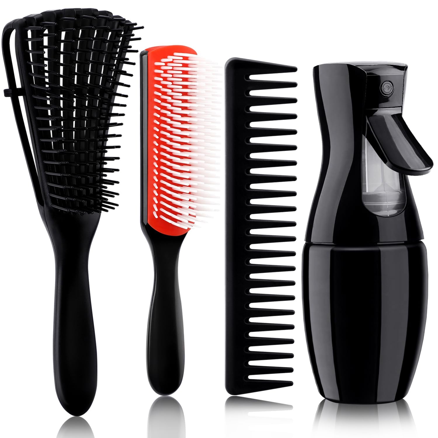 4Pcs Curly Hair Brush Set for Adult & Kids Wet or Dry, Detangling Brush for 3/4ABC Hair with Detangler Spray Bottle & Wide Tooth Comb (3+1, Black) - PHamily Hair Care 