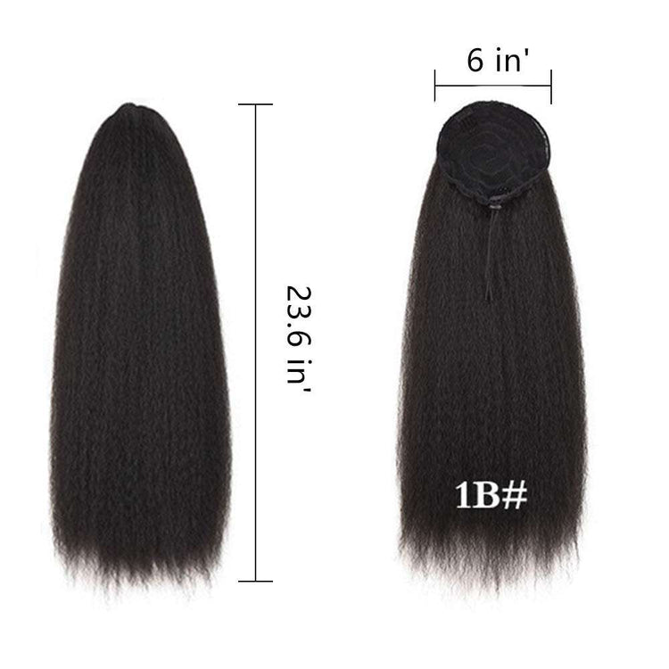 Natural Long Kinky Srtaight Drawstring Ponytail Extension for Black WoThe Natural Long Kinky Straight Drawstring Ponytail Extension is perfect for black women who want to add length and volume to their hair.
	The ponytail extension is Black Women, Yaki Curly Hair 24 Inch Clip