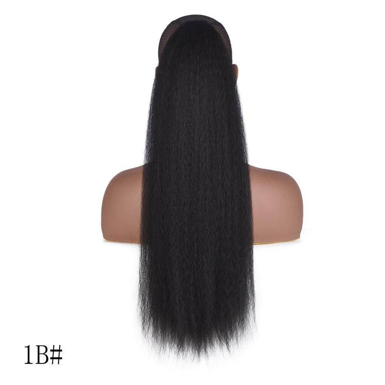 Natural Long Kinky Srtaight Drawstring Ponytail Extension for Black WoThe Natural Long Kinky Straight Drawstring Ponytail Extension is perfect for black women who want to add length and volume to their hair.
	The ponytail extension is Black Women, Yaki Curly Hair 24 Inch Clip