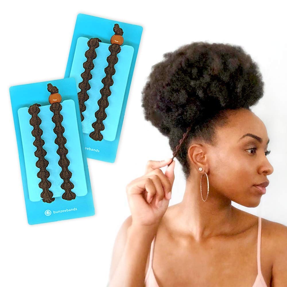 Large Hair Band for Thick, Curly, Natural Hair - Cushioned No Damage Hair Ties Ideal for Braids, Pineapple Hair - Afro Puff Ponytail Holder - Adjustable, Extra Stretchy (Black 2Pk)