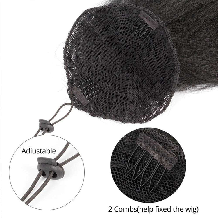 Natural Long Kinky Srtaight Drawstring Ponytail Extension for Black WoThe Natural Long Kinky Straight Drawstring Ponytail Extension is perfect for black women who want to add length and volume to their hair.
	The ponytail extension is Black Women, Yaki Curly Hair 24 Inch Clip