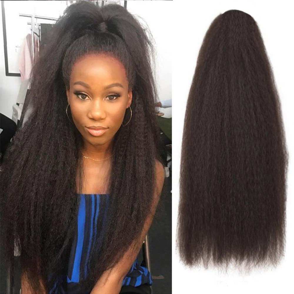 Natural Long Kinky Srtaight Drawstring Ponytail Extension for Black WoThe Natural Long Kinky Straight Drawstring Ponytail Extension is perfect for black women who want to add length and volume to their hair.
	The ponytail extension is Black Women, Yaki Curly Hair 24 Inch Clip