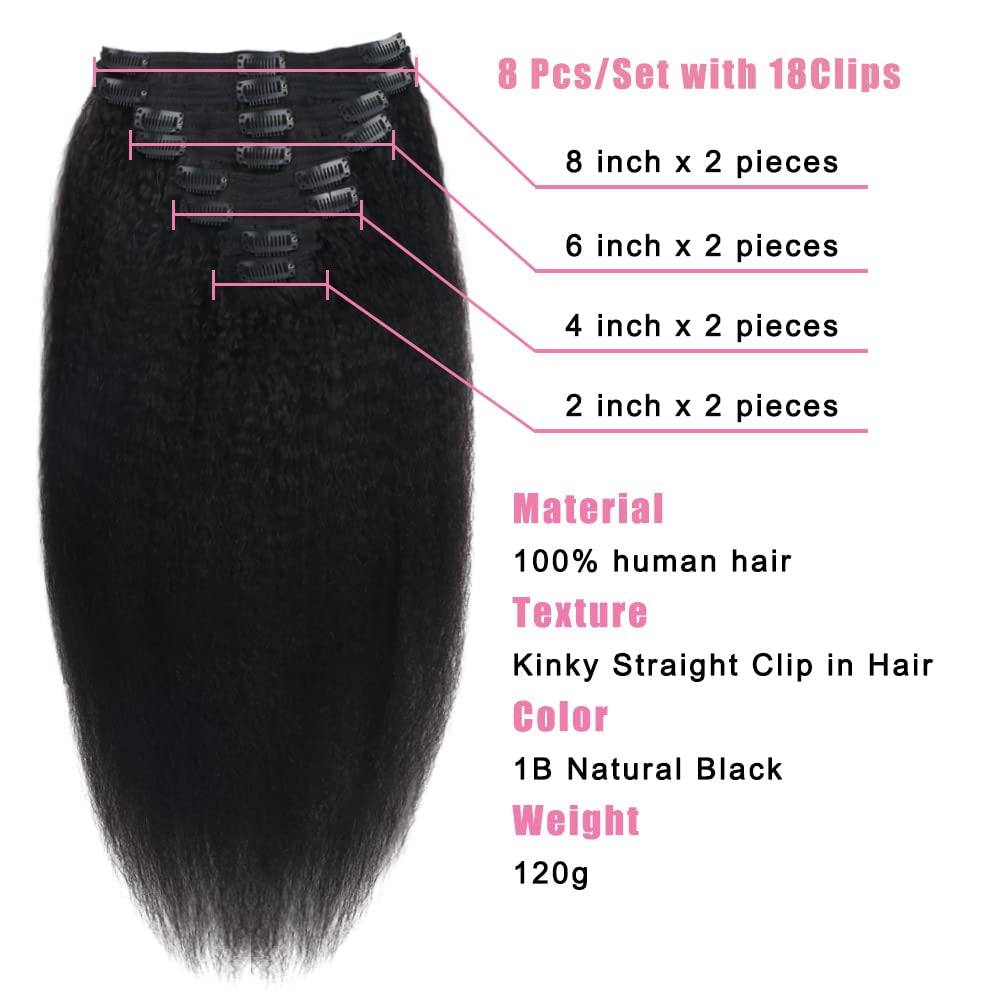 Kinky Straight Human Hair Clip in Extensions 120G Full Head Clip Ins for Women 100% Unprocessed Brazilian Virgin Human Hair Yaki Straight Clip Ins Remy Hair Natural Black 8Pcs 18Clips 12Inch