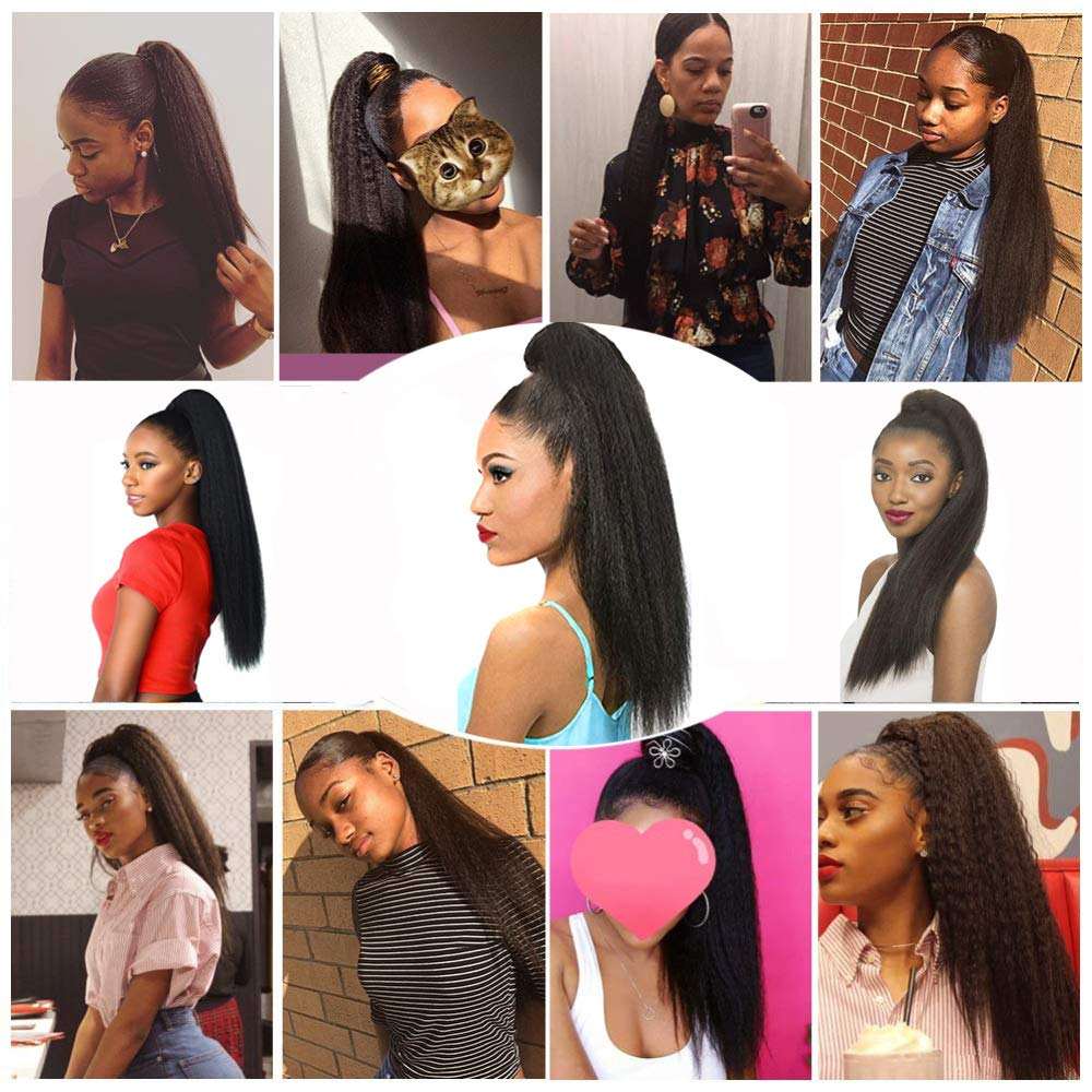 Natural Long Kinky Srtaight Drawstring Ponytail Extension for Black WoThe Natural Long Kinky Straight Drawstring Ponytail Extension is perfect for black women who want to add length and volume to their hair.
	The ponytail extension is Black Women, Yaki Curly Hair 24 Inch Clip