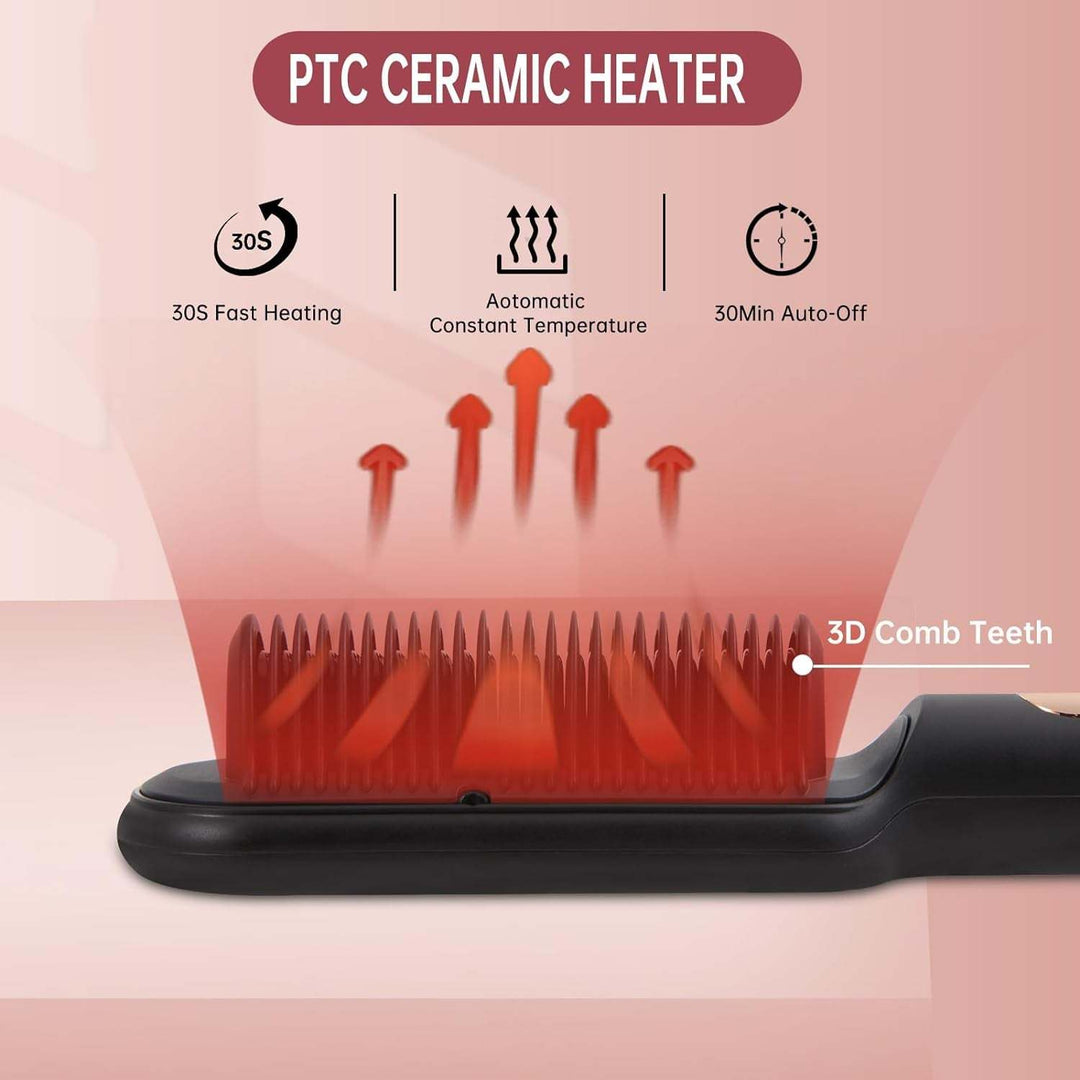 Negative Ionic Hair Straightener Brush with 9 Temp Settings, 30S Fast Negative Ionic Effect: Millions of negative Ionic built in hair straightener brush, when you brush your hair, it can help the hair lock in moisture and provide a pro9 Temp Settings, 30S Fast Heating Hair Straightening Comb