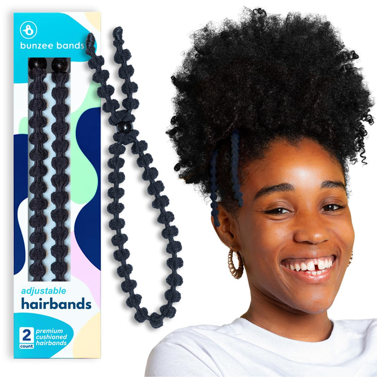 Large Hair Band for Thick, Curly, Natural Hair - Cushioned No Damage Hair Ties Ideal for Braids, Pineapple Hair - Afro Puff Ponytail Holder - Adjustable, Extra Stretchy (Black 2Pk)