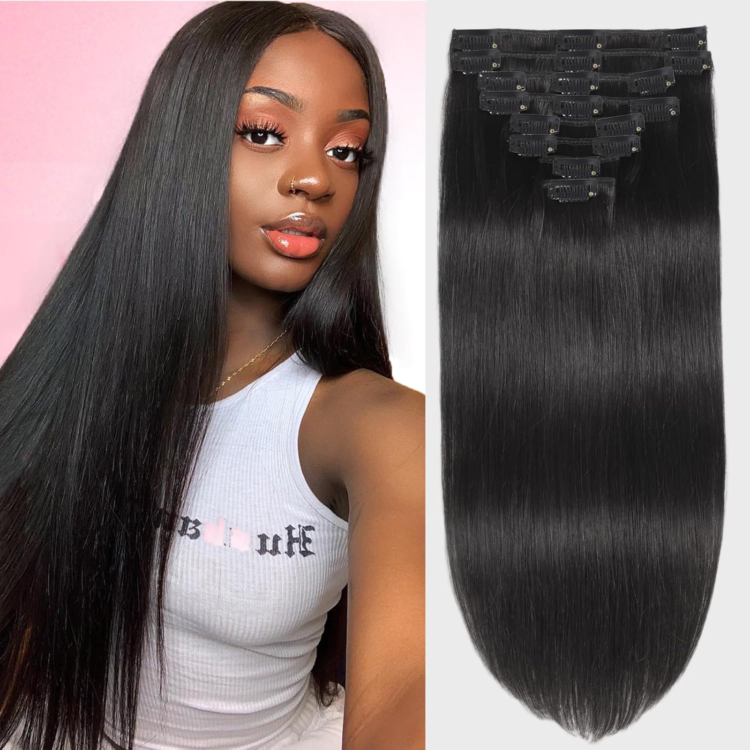 Hair Extension Clip-Ins - Real Human Hair Extensions 120G 8Pcs 18Inch,Soft & Natural Straight Double Weft for Women #P427 Chocolate Brown to Honey Blonde Extensions Real Human Hair Clip Ins