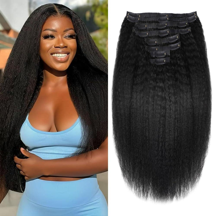 Kinky Straight Human Hair Clip in Extensions 120G Full Head Clip Ins for Women 100% Unprocessed Brazilian Virgin Human Hair Yaki Straight Clip Ins Remy Hair Natural Black 8Pcs 18Clips 12Inch