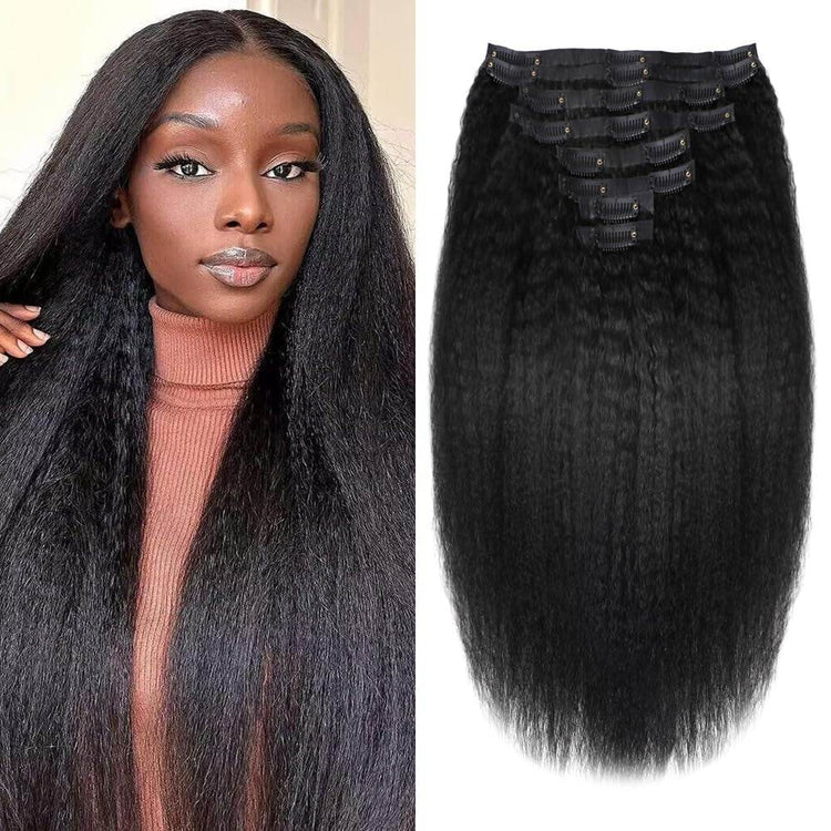 Kinky Straight Human Hair Clip in Extensions 120G Full Head Clip Ins for Women 100% Unprocessed Brazilian Virgin Human Hair Yaki Straight Clip Ins Remy Hair Natural Black 8Pcs 18Clips 12Inch