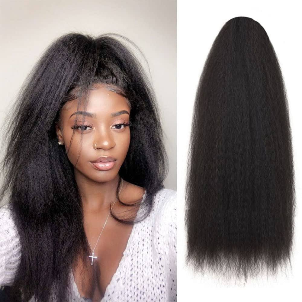 Natural Long Kinky Srtaight Drawstring Ponytail Extension for Black WoThe Natural Long Kinky Straight Drawstring Ponytail Extension is perfect for black women who want to add length and volume to their hair.
	The ponytail extension is Black Women, Yaki Curly Hair 24 Inch Clip