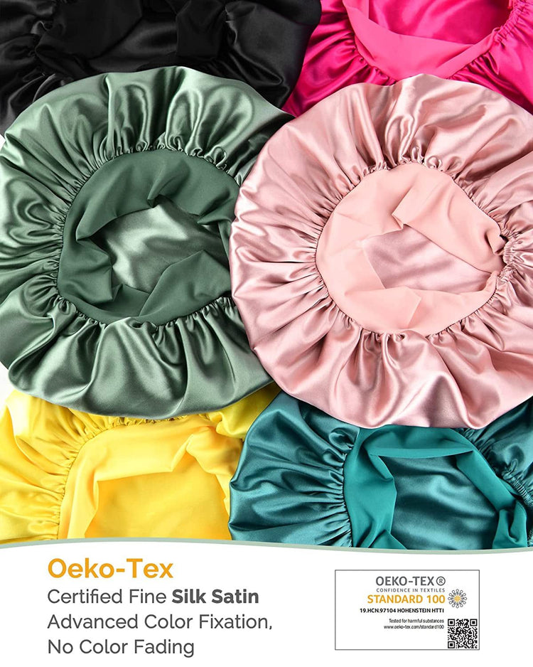 PHAMILY Satin Bonnet Silk Bonnet with Tie Band for  Sleeping, Double LNon-Slippage Bonnet: With wide long stretchy tie band, the big satin bonnet will stay in place while you move a lot at sleep time, so that to protect your hair all nSleeping, Double Layer Satin Lined, Black Hair Bonnets