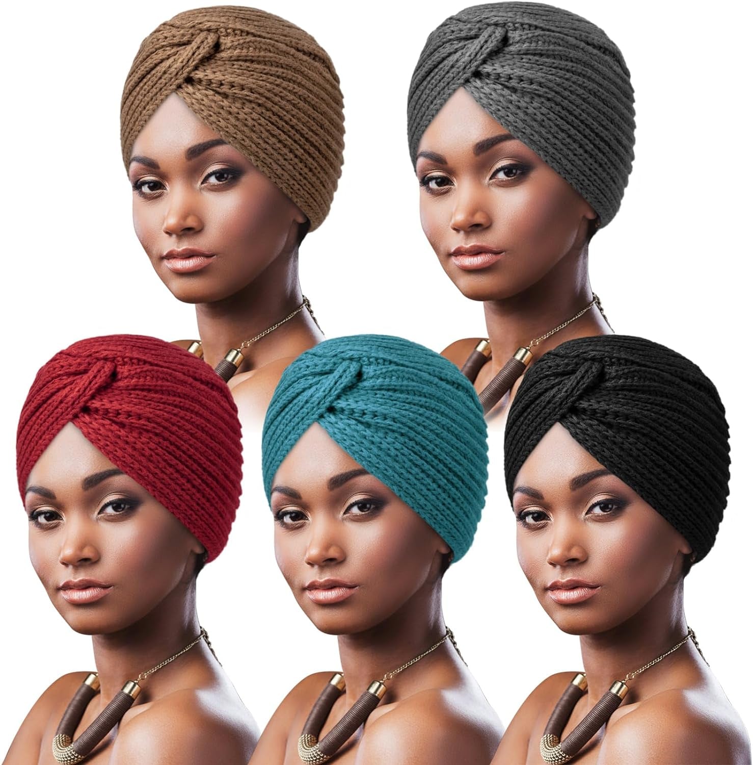 5 Pack Knotted Headwraps for Women African Turban Pre-Knotted Beanie Headwraps Hair Covers