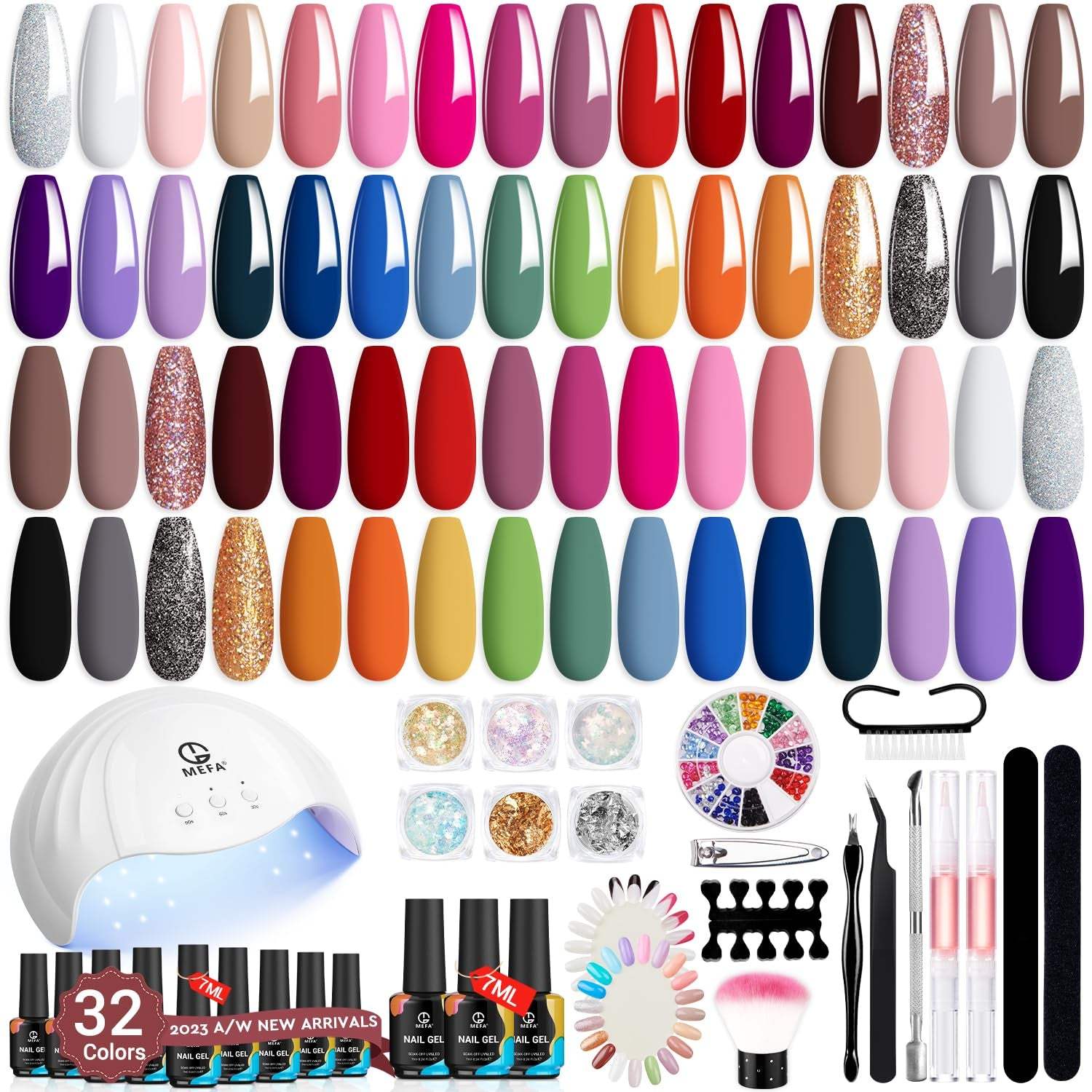 56 Pcs Gel Nail Polish Kit with U V Light, 32 Colors All Seasons Soak off Gel Polish Nail Set with Matte/Glossy Base Top Coat Essential Manicure Tools Nails Art Decorations Salon Christmas Gifts