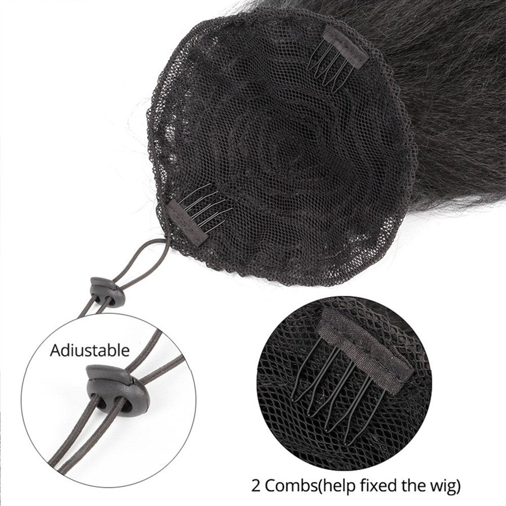 Natural Long Kinky Srtaight Drawstring Ponytail Extension for Black Women, Yaki Curly Hair 24 Inch Clip in Ponytail Extension (1B#)