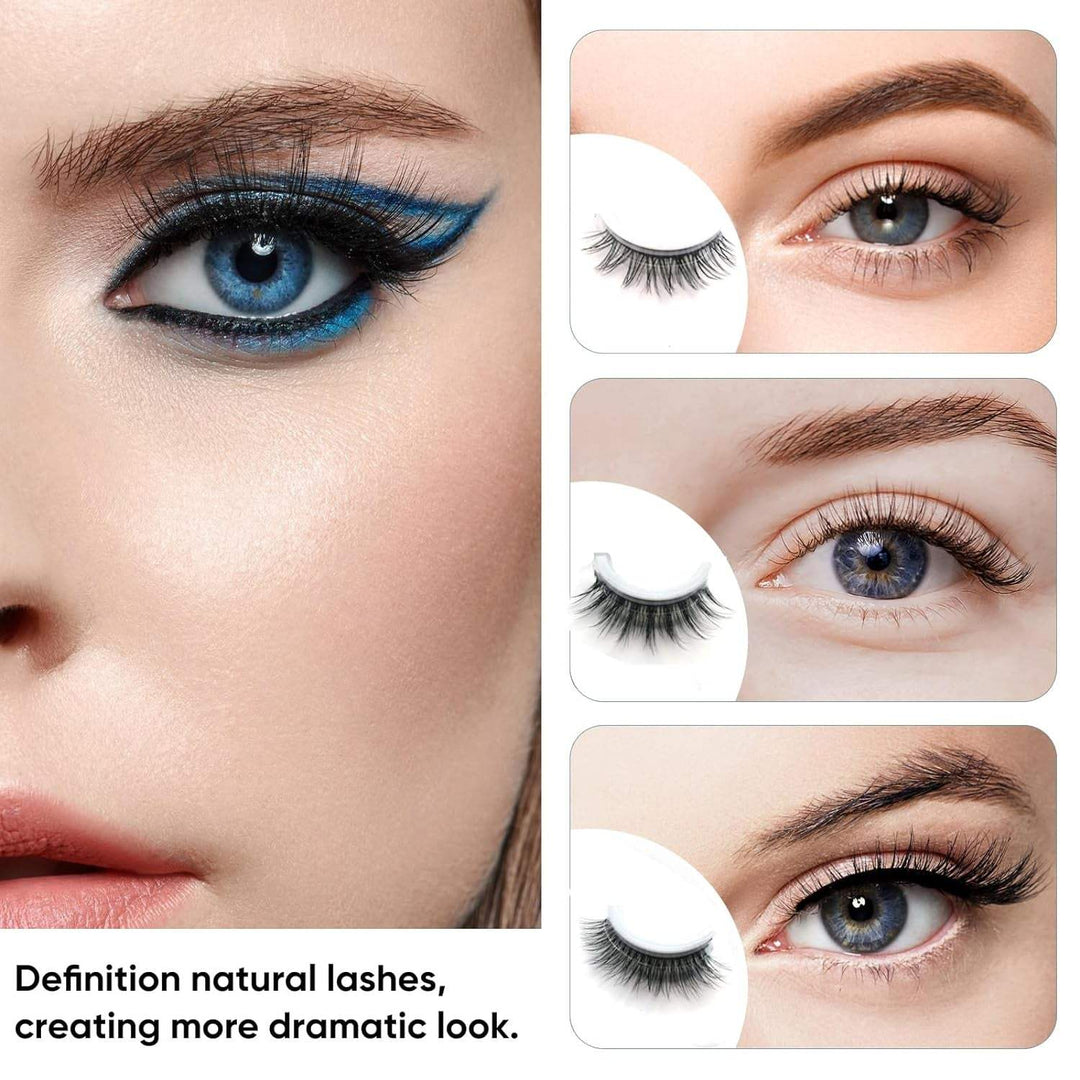 False Lashes, Self Adhesive Eyelashes, Waterproof Fake Eyelashes for Women, No Glue or Eyeliner Needed, Reusable False Eyelashes with Natural Look, 3 Pairs of Different Types