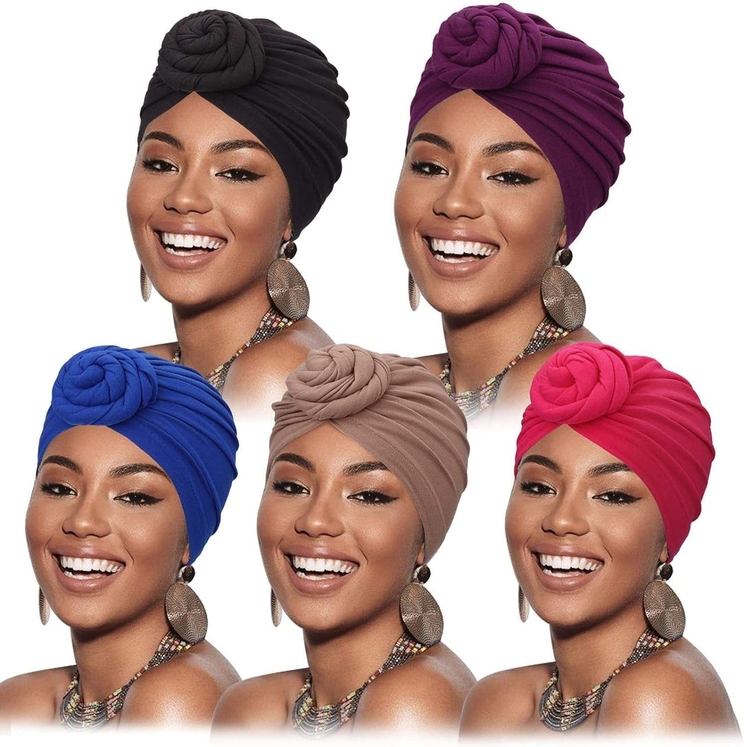 5 Pack Knotted Headwraps for Women African Turban Pre-Knotted Beanie Headwraps Hair Covers