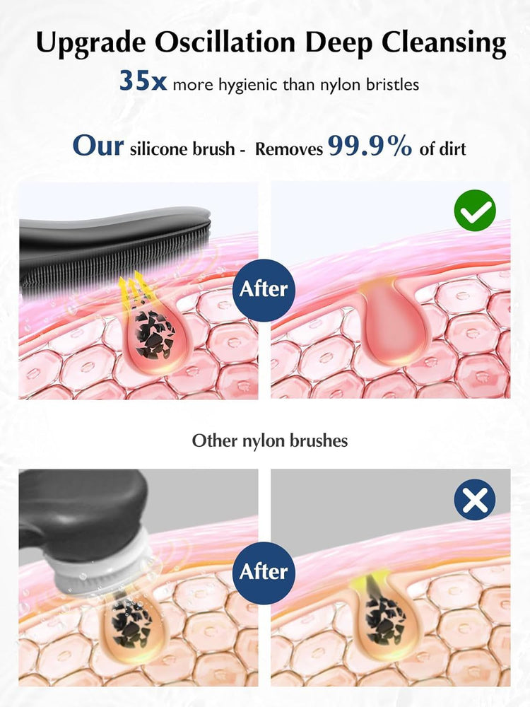 Face Scrubber Facial Cleansing Brush:  IPX7 Waterproof Rechargeable FaEASY CLEANSING FOR BEST SKIN: COSLUS facial cleansing brush is made of super soft food-grade silicone, suitable for all skin types. The silicone face scrubber removeIPX7 Waterproof Rechargeable Face Brush, 4 Cleansing Modes