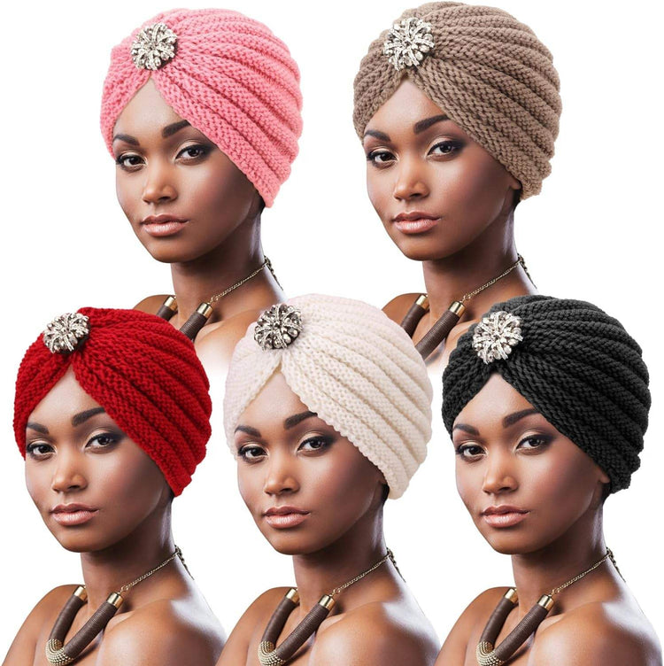 5 Pack Knotted Headwraps for Women African Turban Pre-Knotted Beanie Headwraps Hair Covers