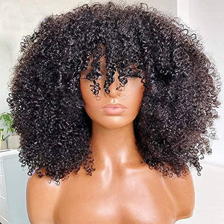 Curly Wig with Bangs Full Machine Made Scalp Top Wig 200 Density Brazilian Short Curly Human Hair Wigs Natural Color 16 Inch