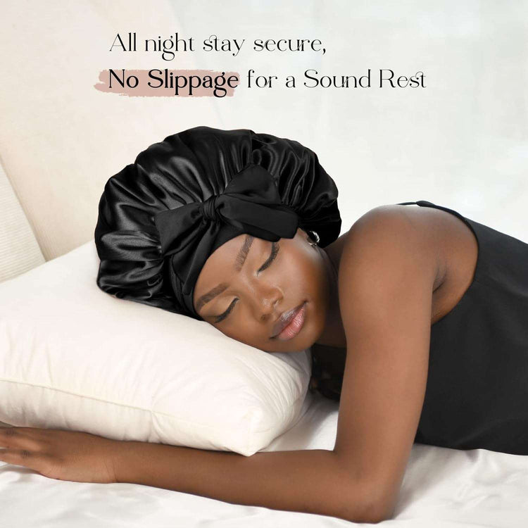 PHAMILY Satin Bonnet Silk Bonnet with Tie Band for  Sleeping, Double LNon-Slippage Bonnet: With wide long stretchy tie band, the big satin bonnet will stay in place while you move a lot at sleep time, so that to protect your hair all nSleeping, Double Layer Satin Lined, Black Hair Bonnets