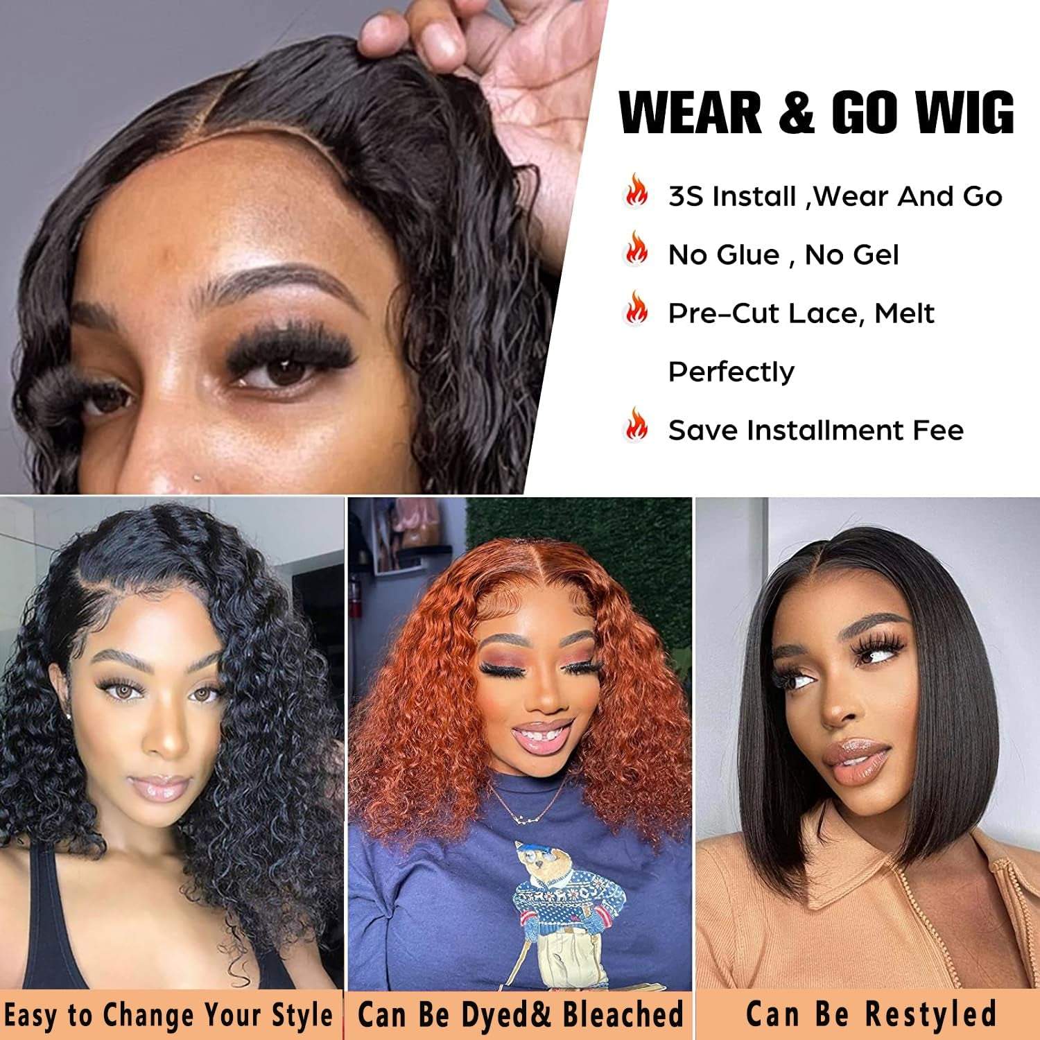 Pre-Plucked Deep Wave Bob Wig - Glueless Lace Front, Human Hair, PerfeGlueless Wigs Human Hair Material: New Upgraded Glueless Lace Wig, Pre Cut Lace Wigs,Can Be Weared Within 30s Which Is More Easy and Convenientt and Friendly EspeciaPre-Plucked Deep Wave Bob Wig - Glueless Lace Front, Human Hair, Perfect