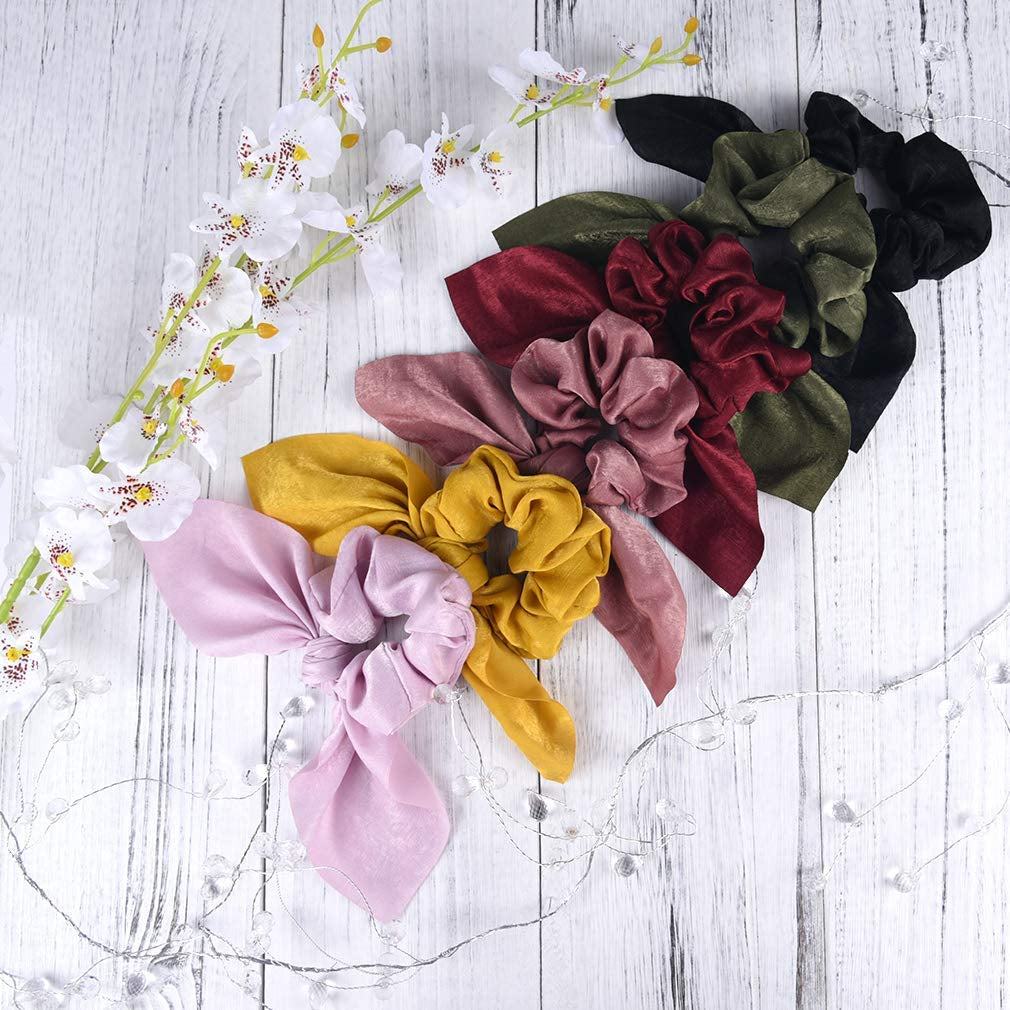 6PCS Hair Scrunchies Satin SilkRabbit Bunny Ear Bow Bowknot Scrunchie Bobbles Elastic Hair Ties 