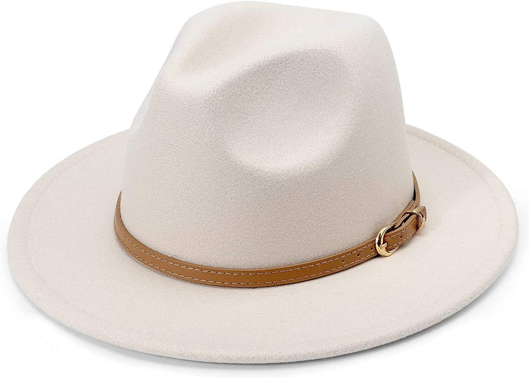 Women Classic Felt Fedora Wide Brim Floppy with Belt Buckle Panama Hat