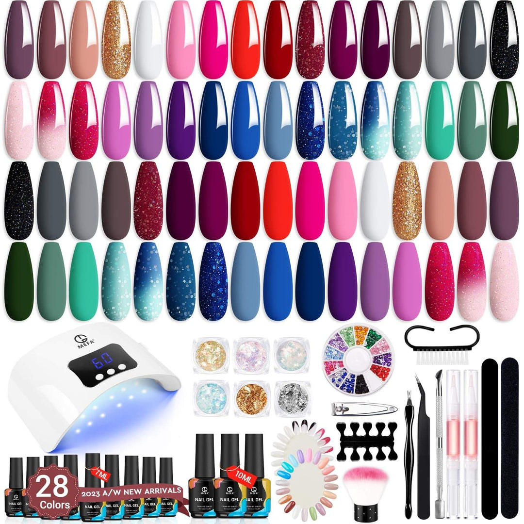 56 Pcs Gel Nail Polish Kit with U V Light, 32 Colors All Seasons Soak off Gel Polish Nail Set with Matte/Glossy Base Top Coat Essential Manicure Tools Nails Art Decorations Salon Christmas Gifts