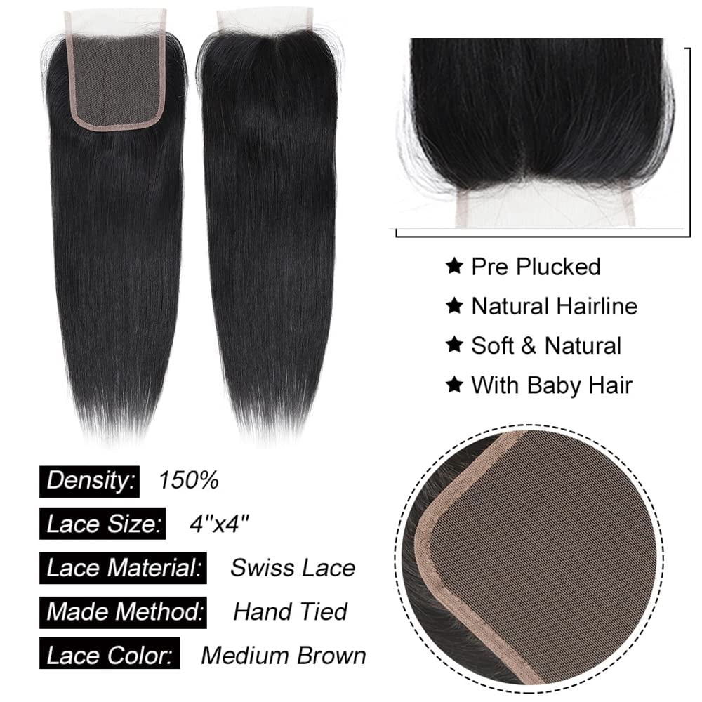 Brazilian Straight 3 Bundles with Closure (20 22 24+18) 100% Unprocessed Brazilian Straight Human Hair Bundles with 4X4 Lace Closure Free Part Natural Color