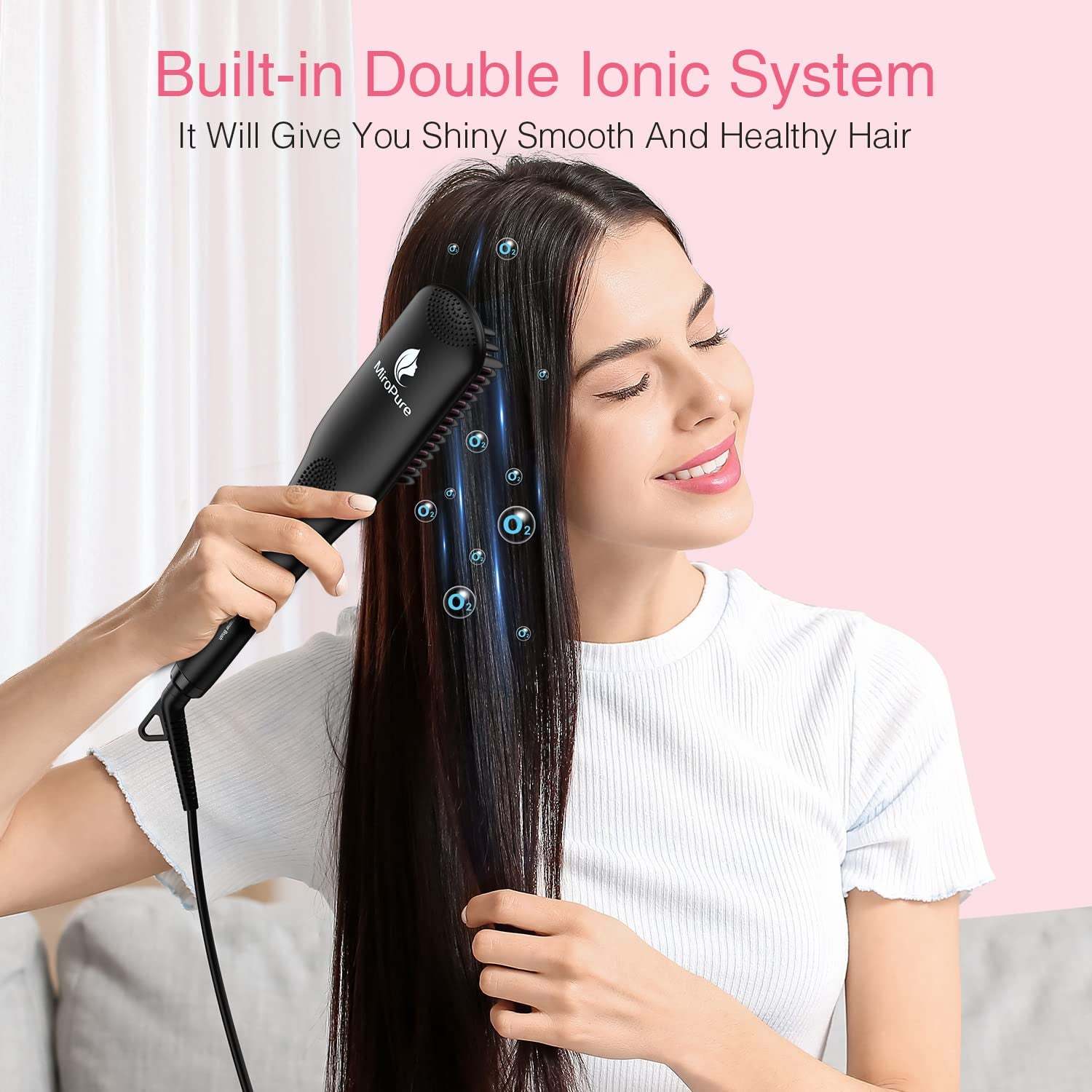 Enhanced Ceramic Hair Straightener Brush by MiroPure, 2-in-1 Ionic Straightening Brush 