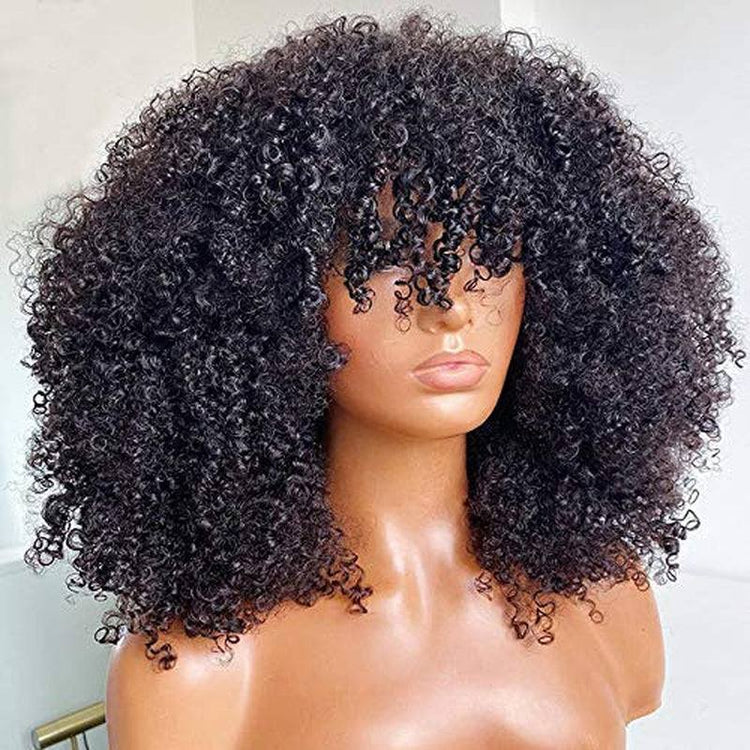 Curly Wig with Bangs Full Machine Made Scalp Top Wig 200 Density Brazilian Short Curly Human Hair Wigs Natural Color 16 Inch