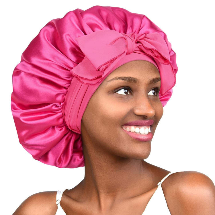 PHAMILY Satin Bonnet Silk Bonnet with Tie Band for  Sleeping, Double LNon-Slippage Bonnet: With wide long stretchy tie band, the big satin bonnet will stay in place while you move a lot at sleep time, so that to protect your hair all nSleeping, Double Layer Satin Lined, Black Hair Bonnets