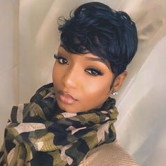 Grey Pixie Cut Wig Short Grey Wigs for Black Women Pixie Cut Wig with Bangs Short Pixie Wig for Blcak Women Fluffy Pixie Curly Wig Natural Wavy Short Gray Pixie Cut Wig for Women(Grey)