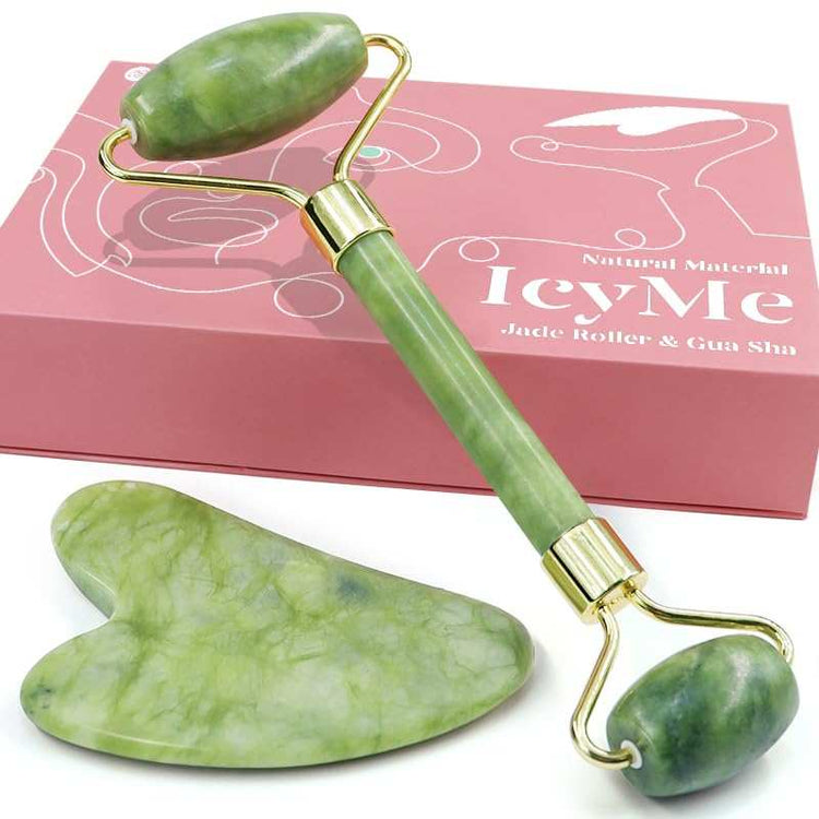 Jade Roller & Gua Sha, Face Roller, Facial Beauty Roller Skin Care Tools, Self Care Gift for Men Women, Massager for Face, Eyes, Neck, Relieve Fine Lines and Wrinkles - Green