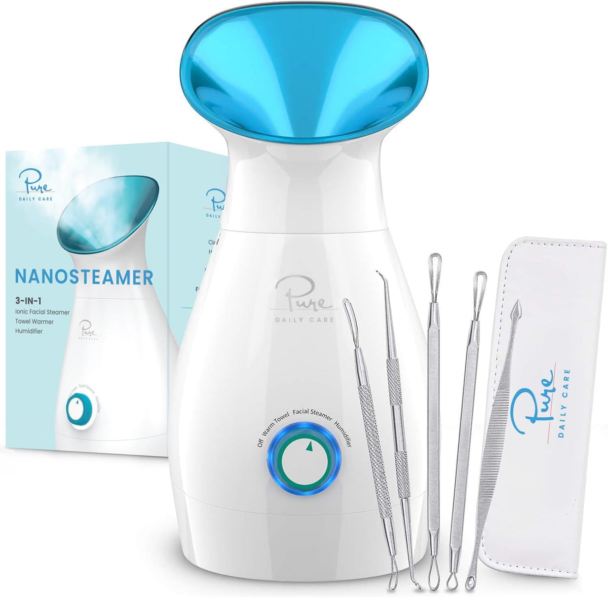 Nanosteamer Large 3-In-1 Nano Ionic Facial Steamer with Precise Temp Control - Humidifier - Unclogs Pores - Blackheads - Spa Quality - Bonus 5 Piece Stainless Steel Skin Kit (Teal)