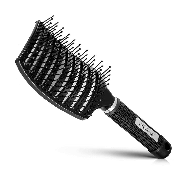 Professional curved vented hairbrush designed for less hair shedding, suitable for both men and women. This paddle brush is perfect for detangling wet or dry curly, thick, and straight hair.